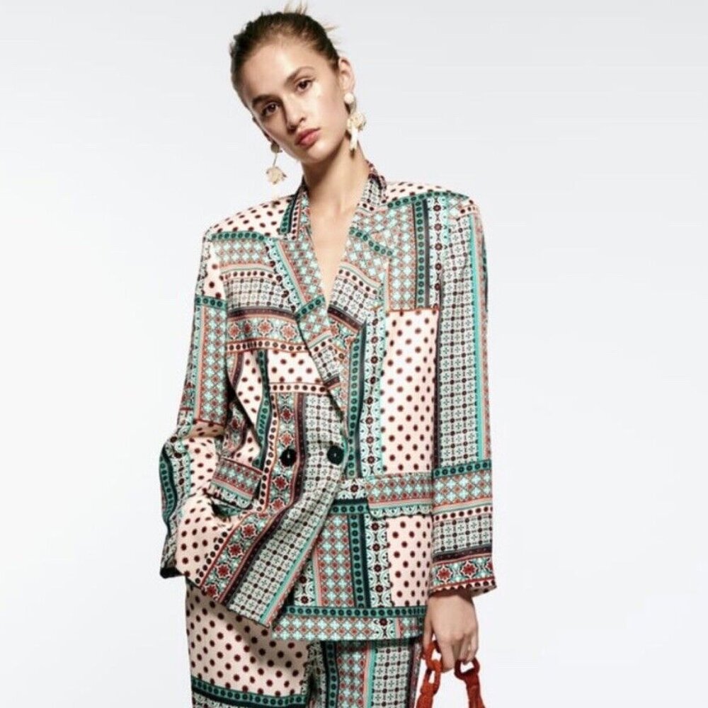 NWT ZARA Retro Patchwork Printed Multicolor Satin-Effect Blazer, Sz S/M